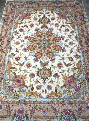 Alfombra Tabrize firmada de lana y seda fina anudada a mano de 4'10"x6'10" - 5x7 hecha a mano Foto 1 de 4