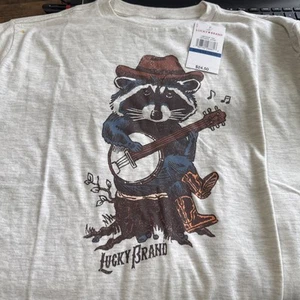 Lucky Brand Kids T Shirt XL 18/20 Raccoon Playing Banjo Oatmeal Heather - Picture 1 of 5