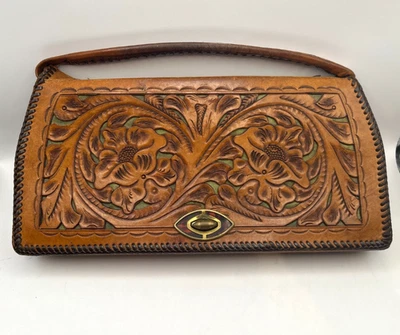 Cartera de cuero marrón occidental vintage tocada a mano con detalles verdes Foto 1 de 4