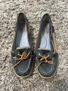 Sperry Shoes Women 7 Blue Top Sider Leather Anchor Print Loafers - Picture 1 of 9