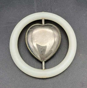 Vintage Silver Plated Spinning Heart Baby Rattle Ring White Opaque Plastic - Picture 1 of 5