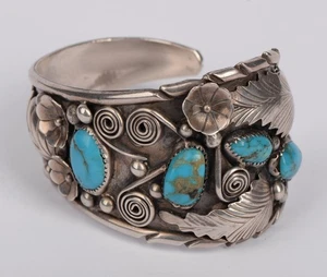 Vintage Navajo Sterlingsilber Türkis Blumen Armreif Armband 62 g - Bild 1 von 12