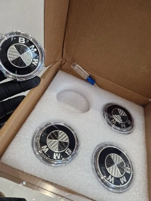 56mm 4x Black & Chrome BMW-Style Floating Wheel Centre Caps – Carbon Look Emblem - Image 1 of 4