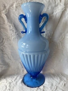 Stunning Large 13" Vintage Cased Empoli Blue Handled Venetian Glass Vase c1950 - Picture 1 of 7