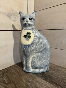 VTG Ceramic Blue Spongeware Cat Country Charm Splatter Blueberries AA Maine 11” - Picture 1 of 4