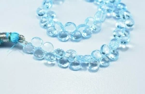 AAA Natural Sky Blue Topaz Heart Gemstone Faceted Briolette Beads 8 Inch 5.5-6mm - Picture 1 of 6