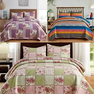 3 Piece Authentic Blooming Patchwork Quilt Set Bedspread Coverlet & Shams Queen - Picture 1 of 68