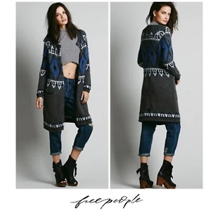 FREE PEOPLE Frosted Fair Isle Wool Mohair Long Duster Blue Cardigan Sz XS - Picture 1 of 9