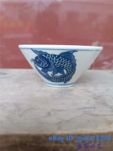 China Blue and white Porcelain Painting Fish Cup Tea Bowls w Marks Gift 30086 - Imagen 1 de 8