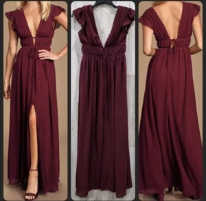 LULUS Burgundy Medium Chiffon Maxi Dress I’m All Yours Grecian Bridesmaids NWT - Picture 1 of 3