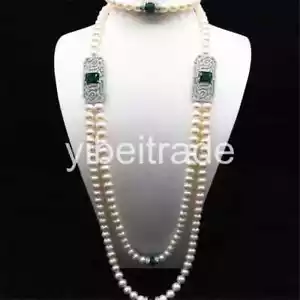 white 9-10mm cultured Freshwater Pearl green jade necklace 40" - Picture 1 of 1