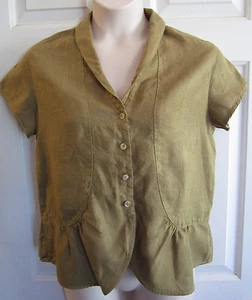 KLEEN Olive Green Ramie Short Sleeve Ruffle Gather Button Front Top Womens MED - Picture 1 of 11
