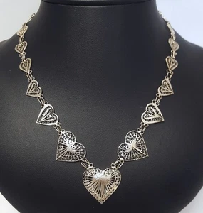 Filigree Hearts Sterling Silver Necklace 92.5 Vtg Graduated Cannetille Wire 18" - Picture 1 of 18