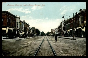 Postcard Looking North on Main Street with Trolley Tracks, Goshen, IN POSTED - Picture 1 of 2