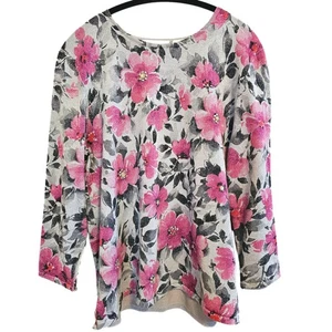 Alfred Dunner Women's Floral Embellished Knit Top Pink Gray Size L - Picture 1 of 7
