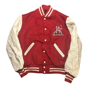 Chaqueta Universitaria Vintage Rutgers Caballeros Escarlata LANA ROJA Blanca TALLA M Mediana - Imagen 1 de 3
