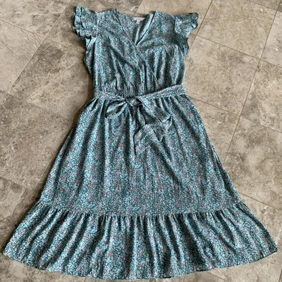 Lauren Conrad Women's Floral Flutter Sleeve Faux Wrap Midi Dress Ruffle Hem Line - Image 1 of 4