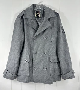Guess Men's Vintage Sz M Gray Wool Blend Peacoat Jacket W/ Accent Buttons 2000s - Picture 1 of 16