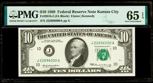 1969 $10 Dollar Federal Reserve Note Kansas PMG 65 EPQ Gem Unc Serial J22696000A - Picture 1 of 2