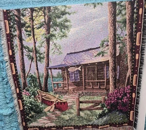 Fishing Lodge Vacation Lake Scene Canoe Woven Tapestry Throw Blanket 58"x49" USA - Picture 1 of 3