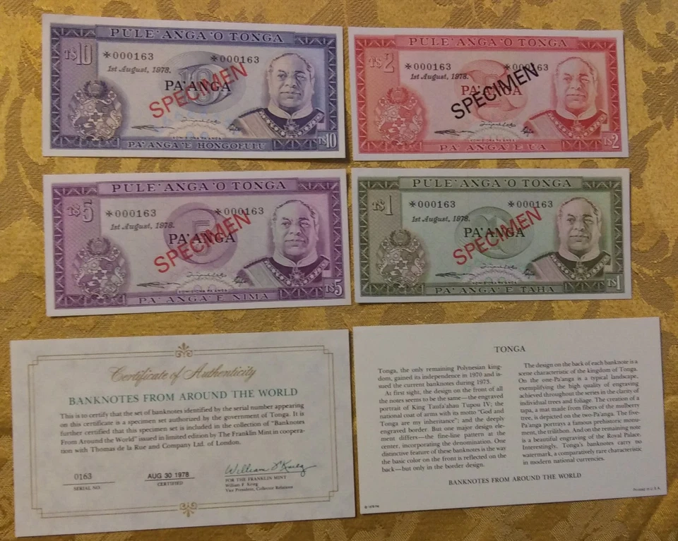 TONGA  COMPLETE 4 SPECIMEN SET 1978 w/COA  000163 CS1 P 19 - 22 UNC COA LOW # - Image 1 of 4