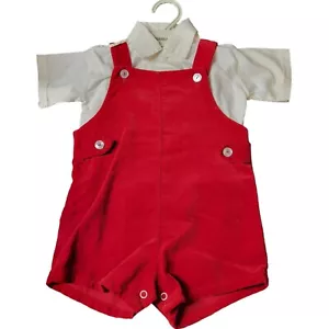 Vintage Red Velvet Boys Overall Shorts Outfit Snap Bottom White Shirt 24 Mos - Picture 1 of 3