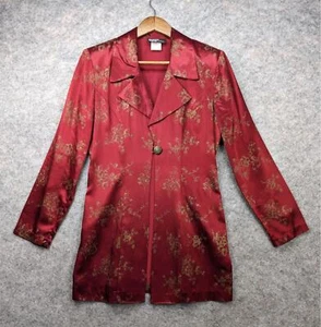 Dawn Joy Trench Blazer Womens 9 Red Gold Floral Vintage Satin Metallic Jacket - Picture 1 of 13