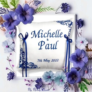 Personalised Blue White Wedding Ring Bearer Cushion Pillow Embroidered Handmade - Picture 1 of 6