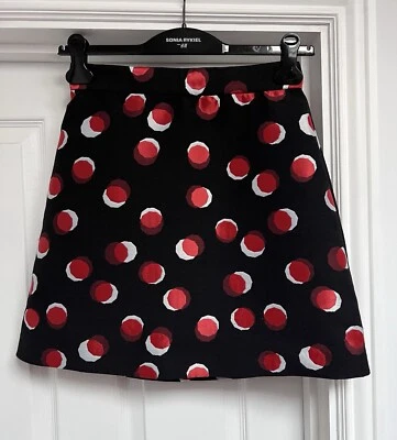 Festive WAREHOUSE black red silver satin Aline mini skirt U.K. 10 smart party - Image 1 of 4