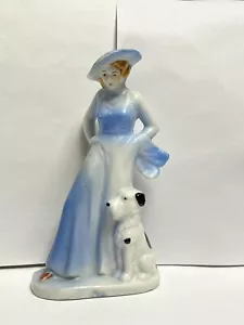 Vintage Blue And White Porcelain Lady W/Dog Figurine Figure Made In Japan 6 1/4” - Picture 1 of 8