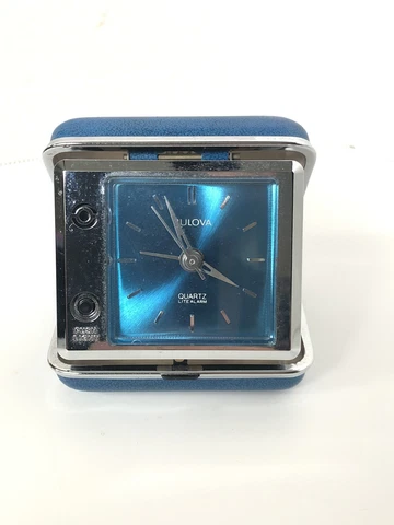 Vintage Blue BULOVA Quartz Lite Travel Alarm Clock ~ Silver ~ Japan ~ Tested Cover
