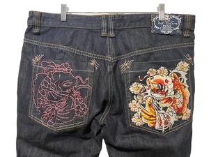 Ink Punctures embroidiered jeans Koi fish skull nwt Rare skate pants 38 x 31 - Picture 1 of 12