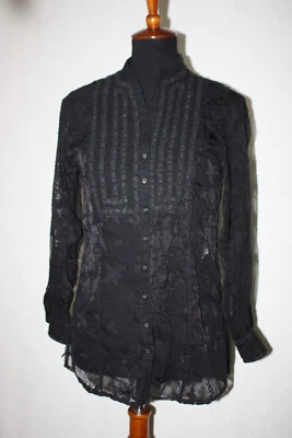 Camisa Coldwater Creek Talla PS Negra Botón Frontal Manga Larga Bordada Encaje Transparente Foto 1 de 4