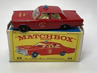 Lesney Matchbox 55 59 Custom Ford Galaxie Red Fire Chief Car Blue Light IOB - Image 1 of 4