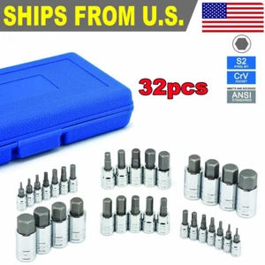 32pc MASTER HEX BIT SET (SAE & METRIC) SOCKET SET STANDARD ALLEN 1/4" 3/8" 1/2" - Picture 1 of 7