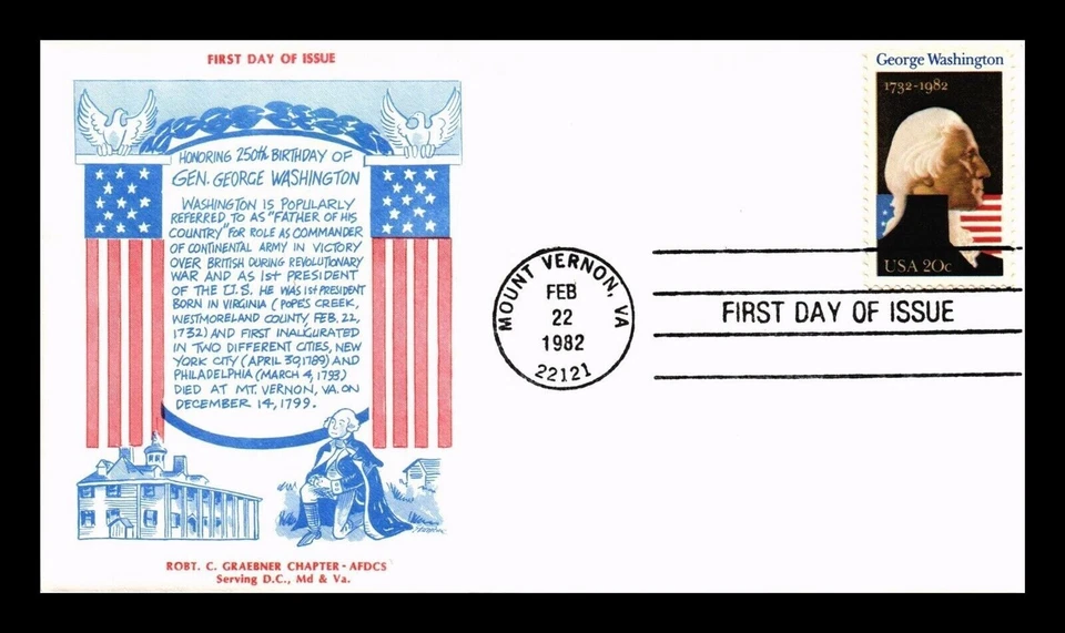 GEORGE WASHINGTON 250TH ANNIV OF BIRTH PATRIOTIC GRAEBNER CACHET 1982 FDC UNADDR - Image 1 of 1