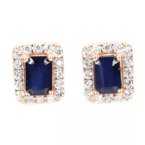 925 Sterling Silver Diffused Octagon Blue Sapphire 6x4mm Simulated Cz Earrings - Picture 1 of 10