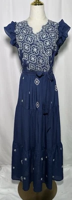 Figueroa & Flower Anthropologie 连衣裙 Maxi 层叠大号刺绣腰带蓝色 — 第 1/4 张图片