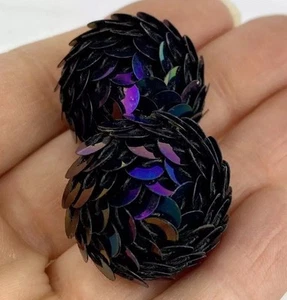 Vintage 80's Purple Blue Iridescent Sequin Round Domed Pierced Ear Earrings - Picture 1 of 7