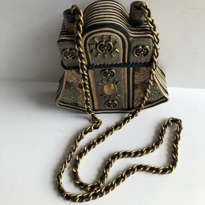 Mary Frances Box Bag Shoulder Purse Egyptian Deco Style Beaded Chain Black Gold - Image 1 of 4