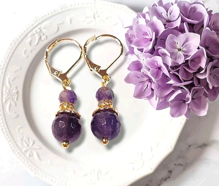 Pendientes de piedras preciosas de amatista oro colgante palanca piedra de nacimiento de febrero hechos a mano Foto 1 de 3