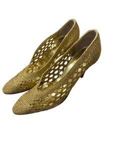 Bruno Magli Vintage Gold Crochet Mesh Slip On Heeled Pumps Sz 7.5 Party Elegant - Picture 1 of 11