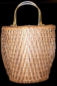 Basket Purse Handbag Woven Rattan Faux Brass Handles Vintage MCM Kitsch Cottage  - Picture 1 of 9