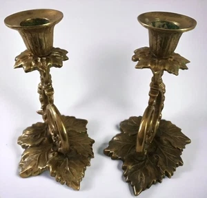 Pair Of Vintage Brass Candlesticks Hand Made Grape Leaf Base 6 in tall Heavy - Picture 1 of 7