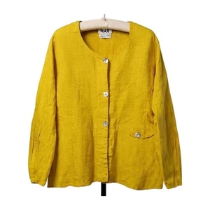 FLAX Women's Yellow Linen Jacket Size L Long Sleeve Button Front - AC - Picture 1 of 6