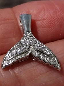 SILVER 925 SPARKLING CZ SHINY WHALE TAIL SLIDER PENDANT 1" Tall Women's - Picture 1 of 7