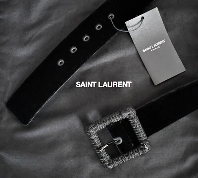🆕️ Auth SAINT LAURENT Paris Solid Black VELVET WAIST Belt IT-90/US-36 - Image 1 of 4