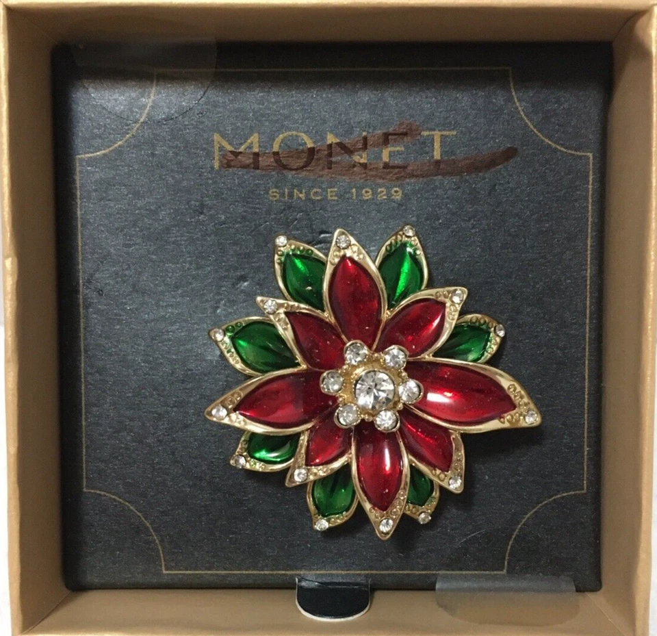Monet Poinsettia Christmas Pin Brooch in Bo” Across Gift Box