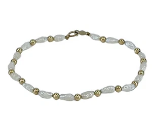 SOLID 14K GOLD BEAD with FRESHWATER PEARL BRACELET ~ 7" - Picture 1 of 11