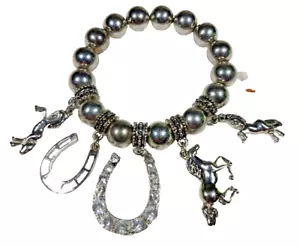 Western Strass Hufeisen Pferd Charms Silber Perlen Cowgirl Stretch Armband - Bild 1 von 4
